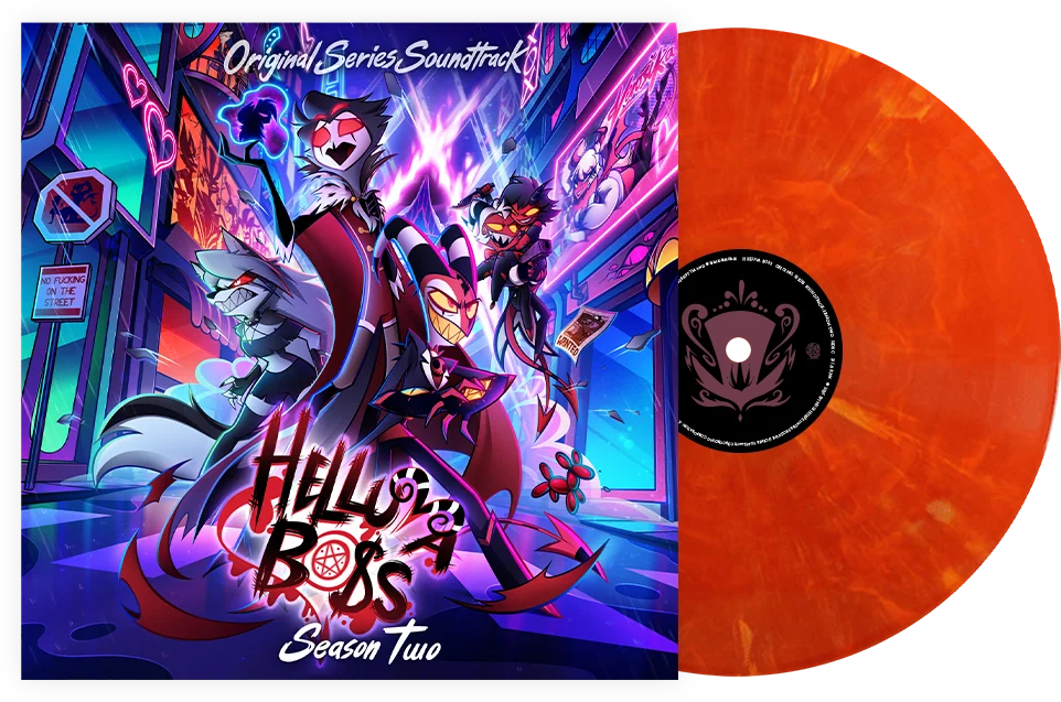 Helluva Boss Season Two album borító animált karakterekkel egy neonfényes városban, narancssárga bakelitlemezzel.