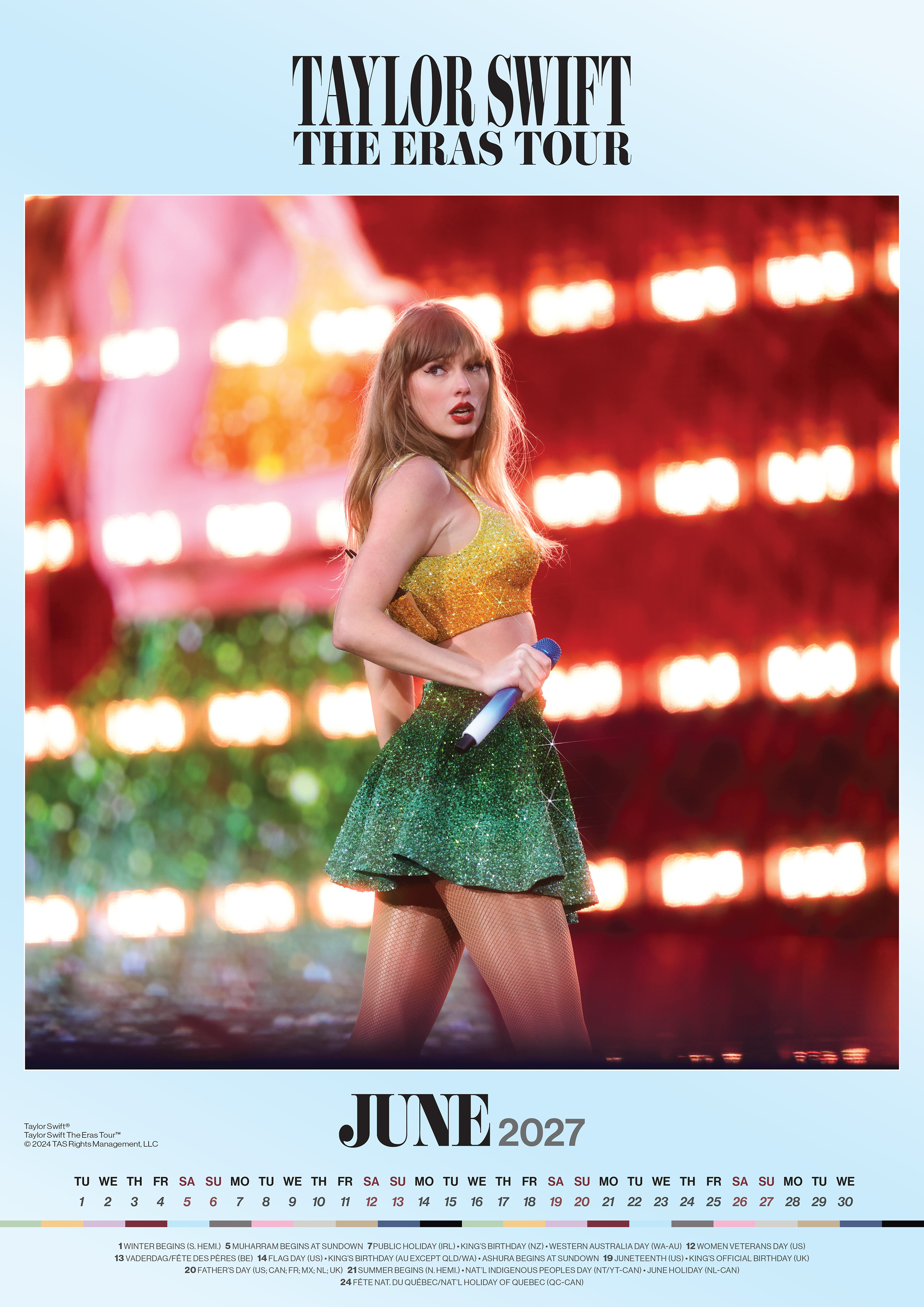 Taylor Swift arany-zöld öltözékben az Eras Tour-on fények előtt, alatta 2027 júniusi naptárral.