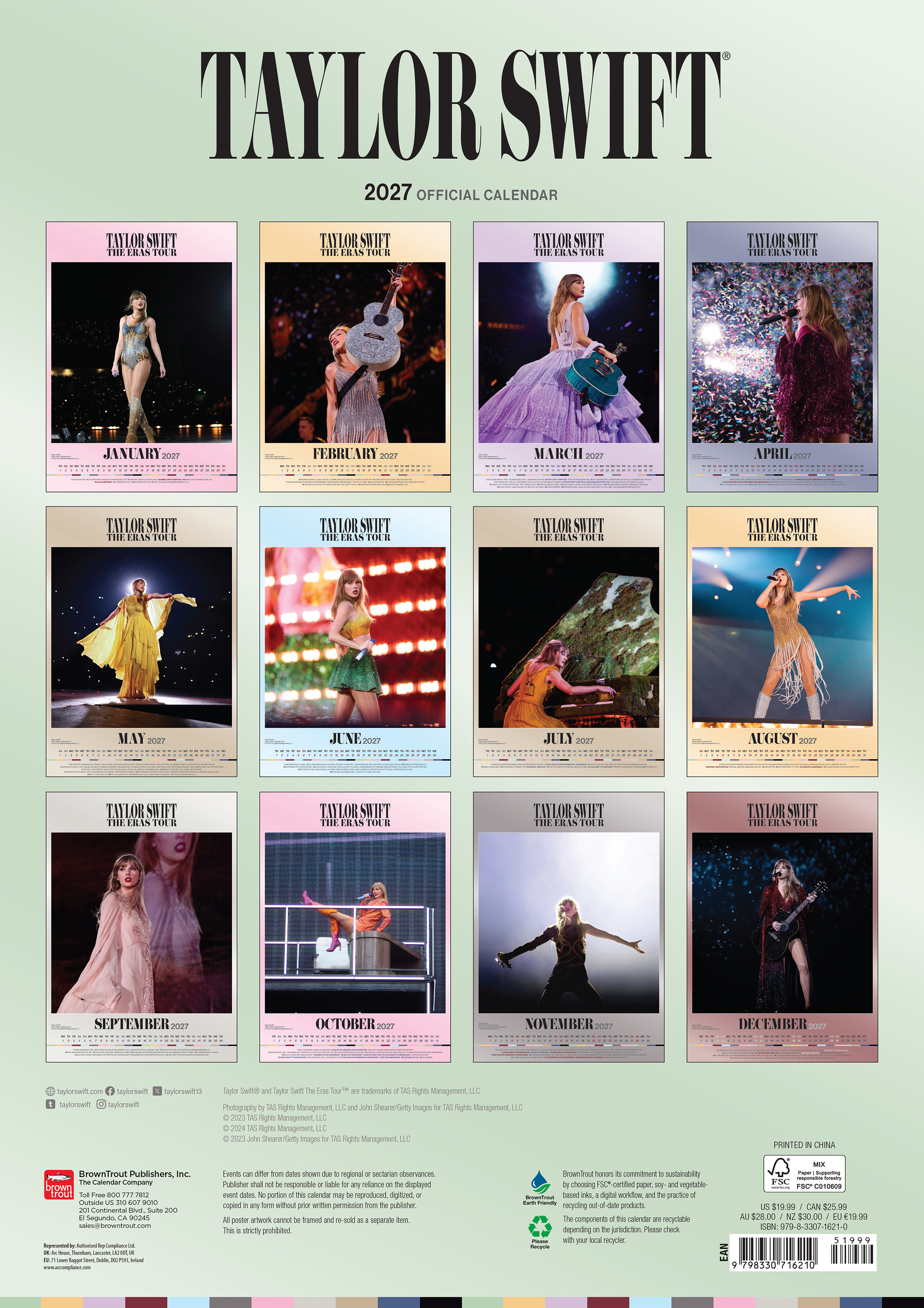 Taylor Swift 2027-es hivatalos naptára, a The Eras Tour képeivel minden hónapra, zöld háttér előtt.