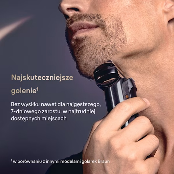 Mężczyzna goli brodę czarną maszynką do golenia Braun na ciemnym tle.