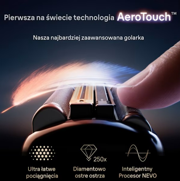 Palec dotyka zaawansowanej głowicy golarki z technologią AeroTouch oraz niebiesko-pomarańczowymi smugami światła.