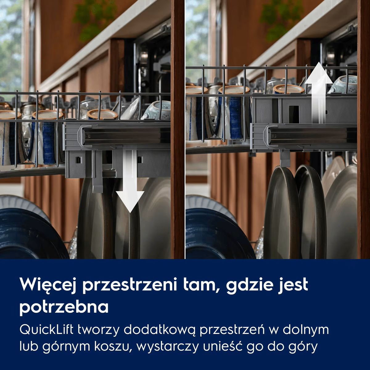 Dwa widoki zmywarki pokazujące regulację wysokości za pomocą białych strzałek. Tekst objaśnia funkcję QuickLift.
