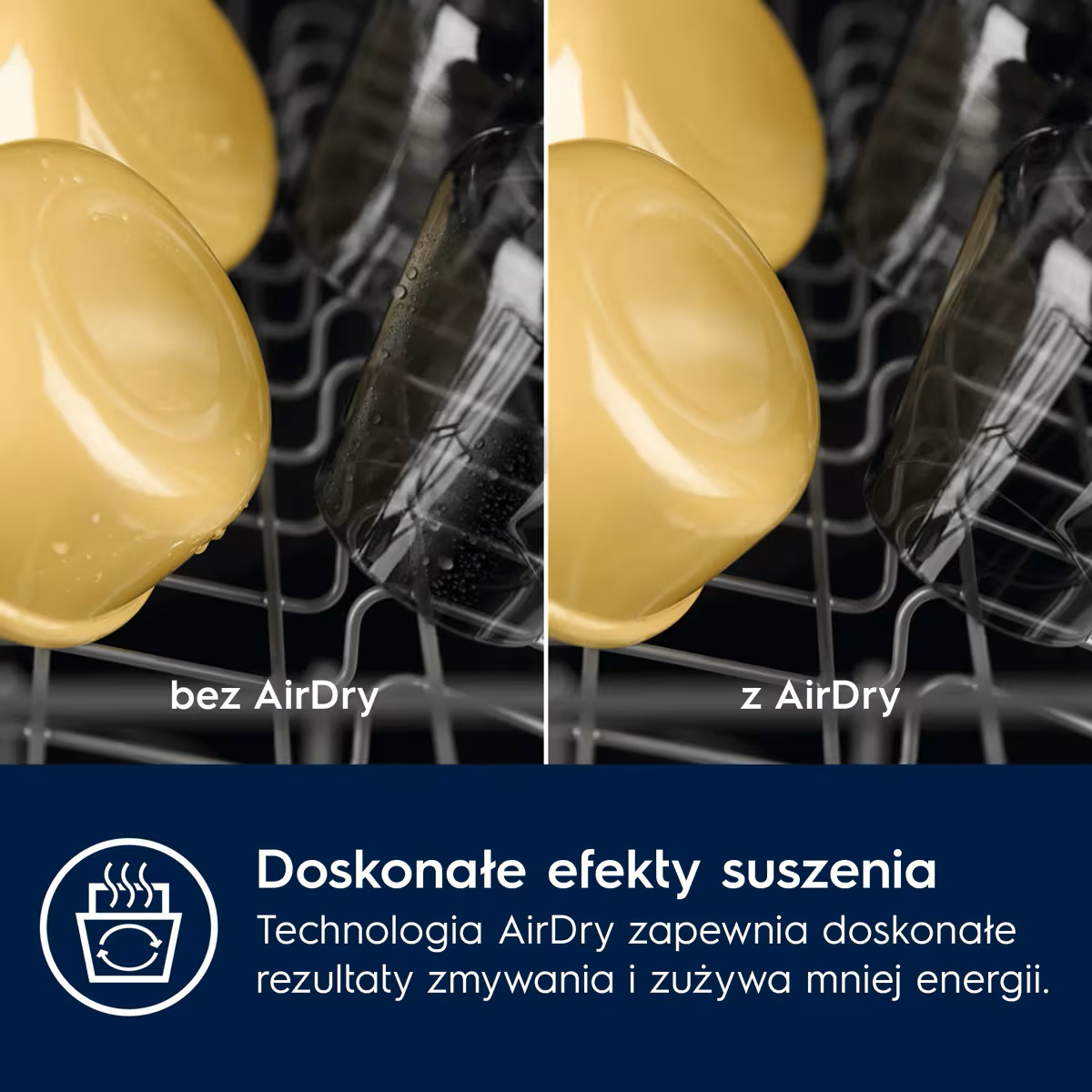 Porównanie efektów zmywania bez technologii AirDry i z nią.