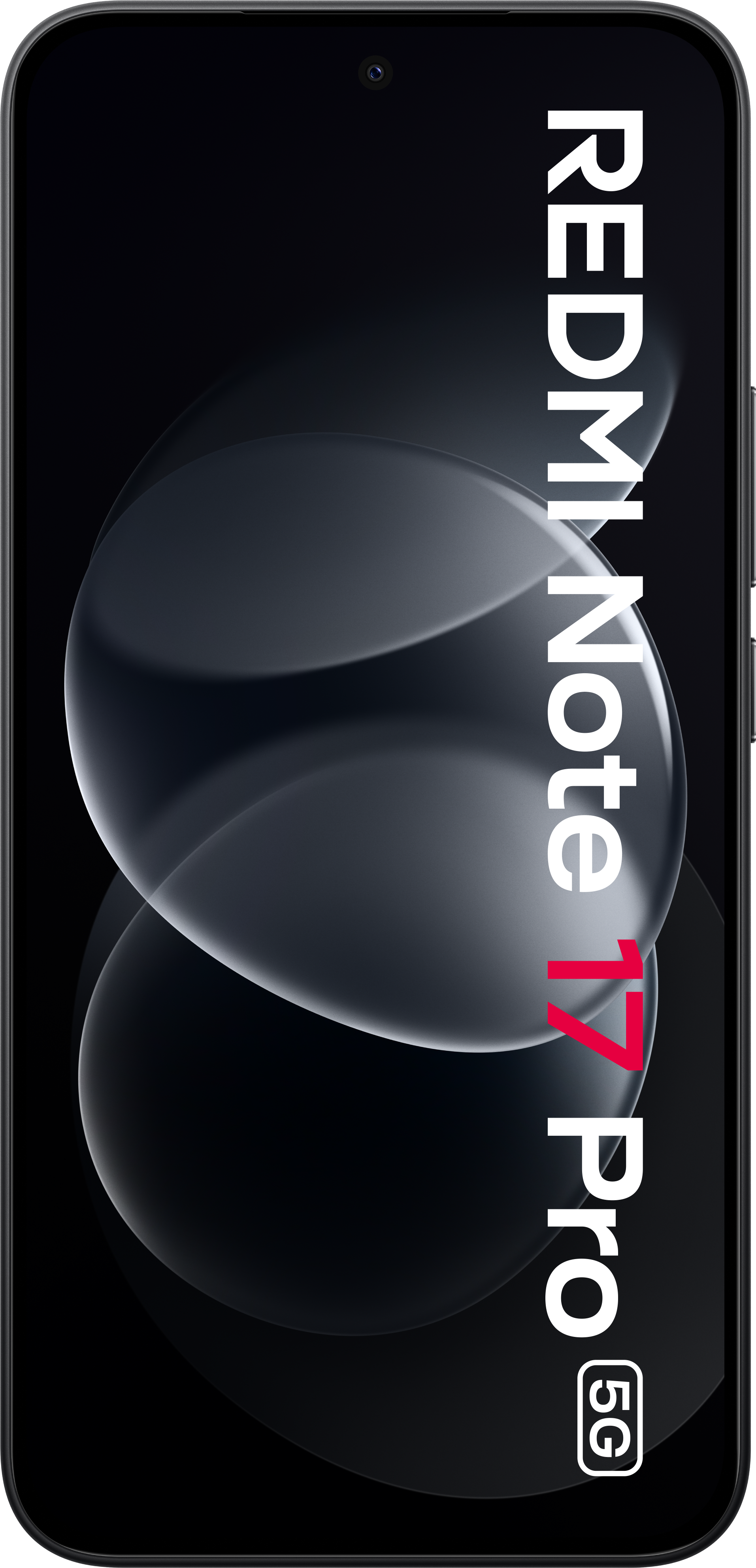 Schwarzes Smartphone mit abgerundeten Ecken und der Aufschrift REDMI Note 17 Pro 5G auf dem Bildschirm.