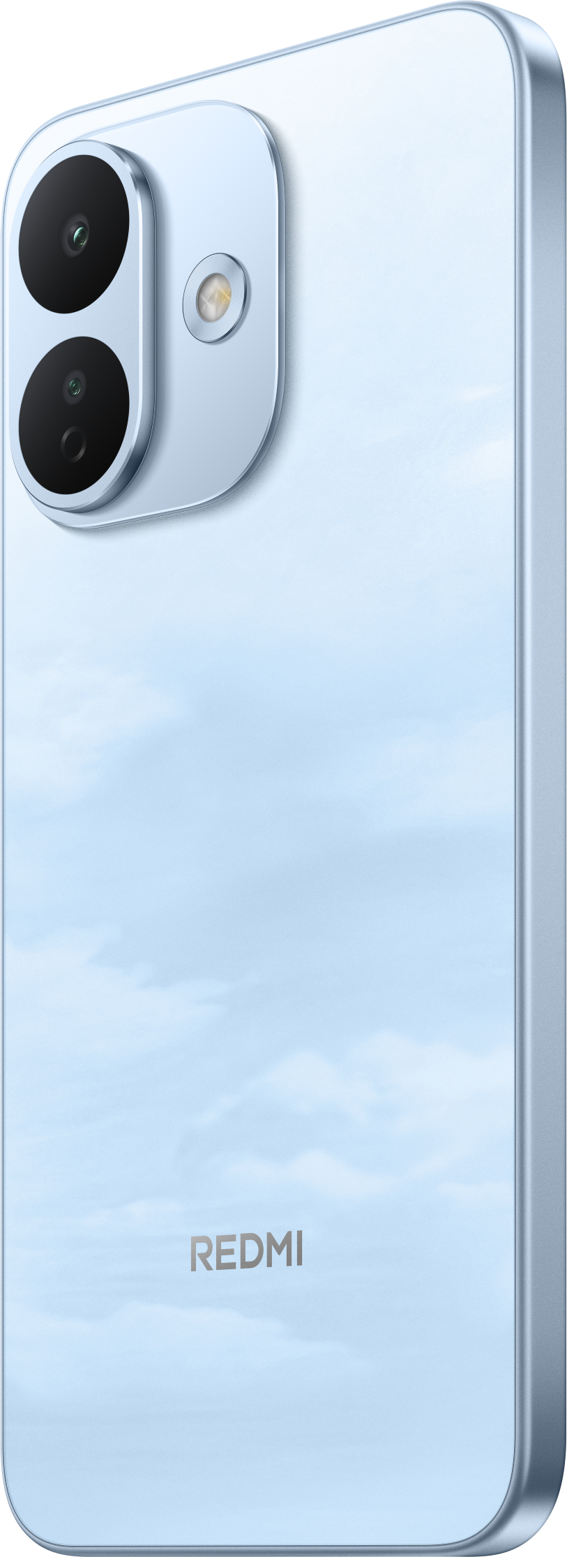 Die Rückseite eines hellblauen Redmi-Smartphones mit zwei vertikalen Kameras und dem Redmi-Logo.