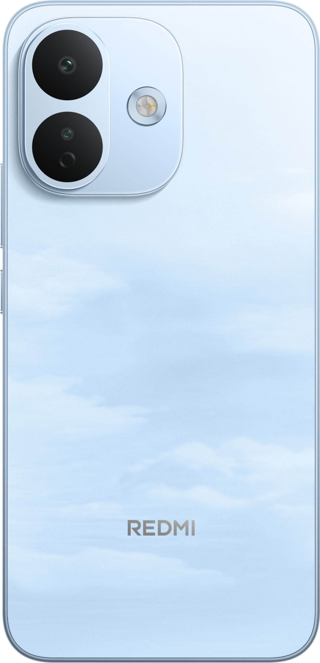 Rückseite eines hellblauen Redmi-Smartphones mit zwei Kameras und Blitz.