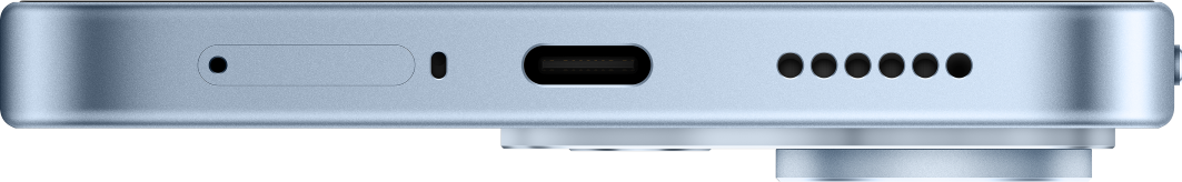 Unterseite eines blauen Smartphones mit USB-C-Anschluss, Lautsprecher und SIM-Kartenfach.