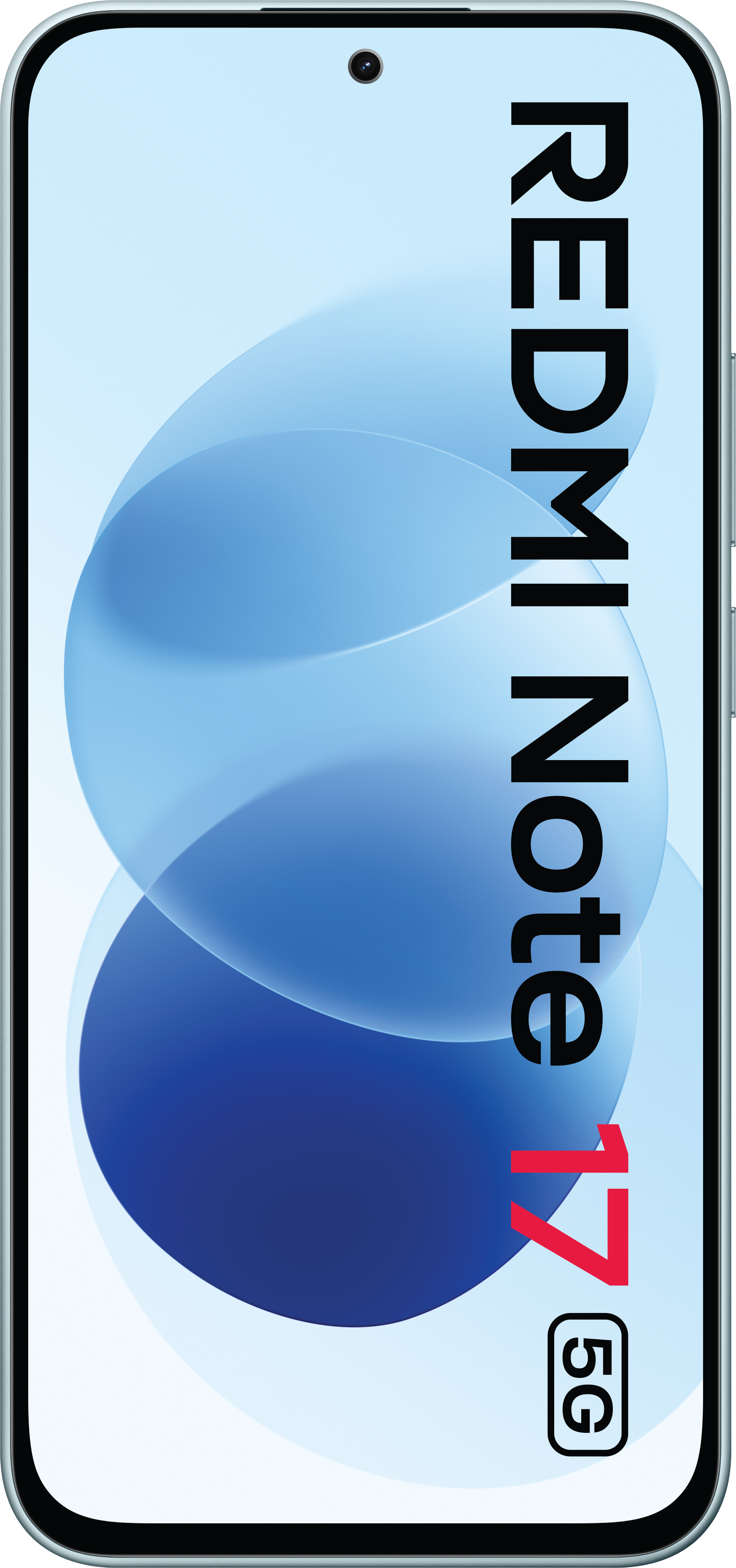Frontansicht eines Smartphones mit der Aufschrift Redmi Note 17 5G auf dem hellblauen Bildschirm.