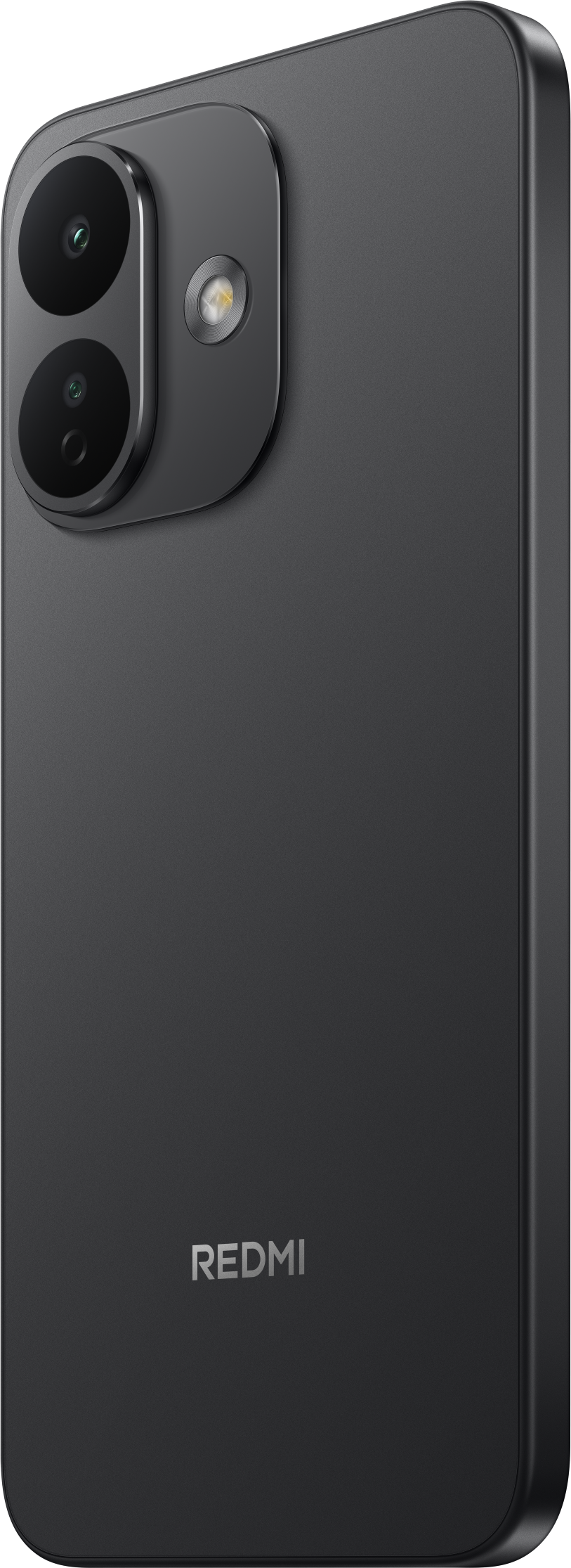 Rückseite eines grauen Redmi-Smartphones mit vertikaler Dual-Kamera und Blitzlicht.