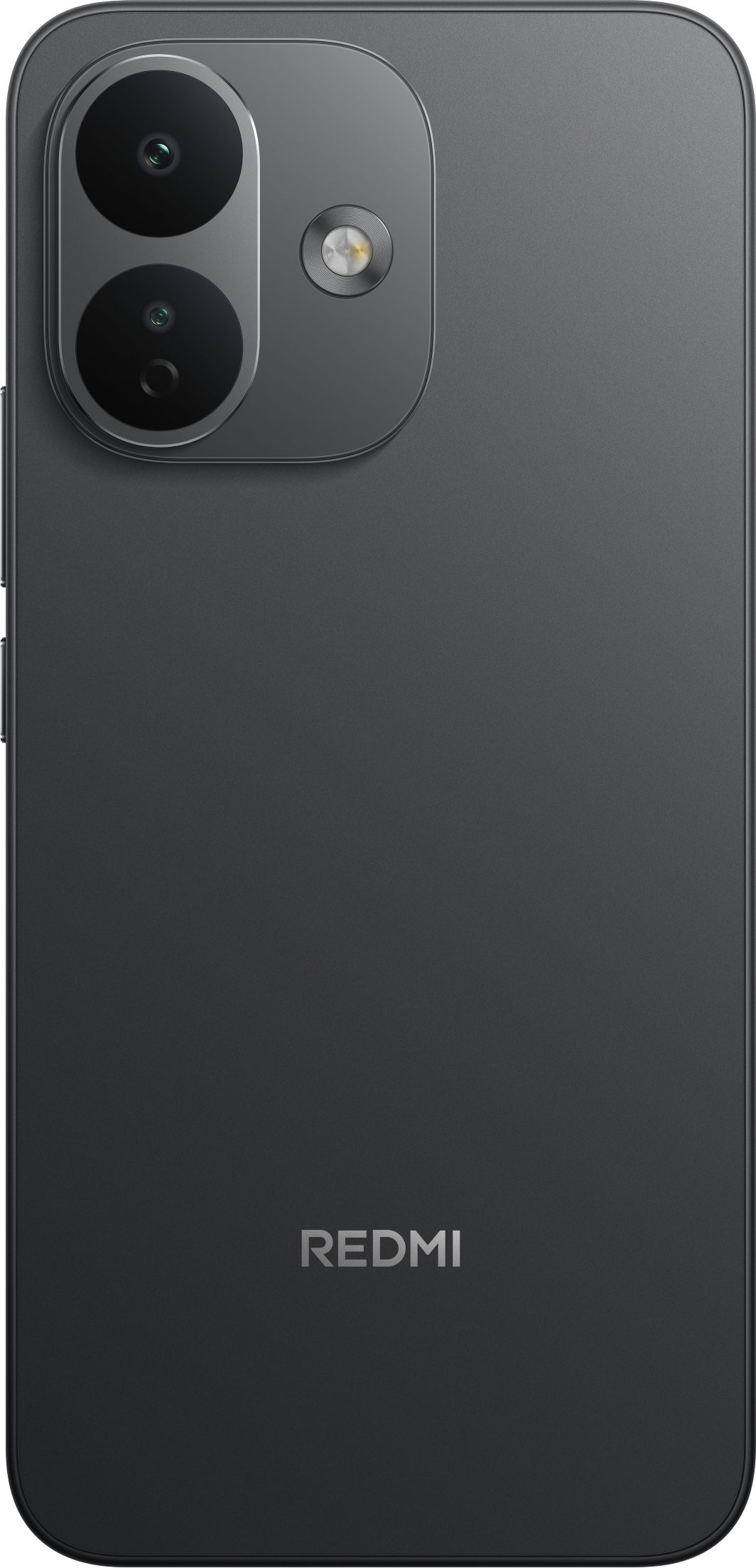 Rückseite eines grauen Redmi-Smartphones mit zwei vertikalen Kameras und dem Redmi-Logo.