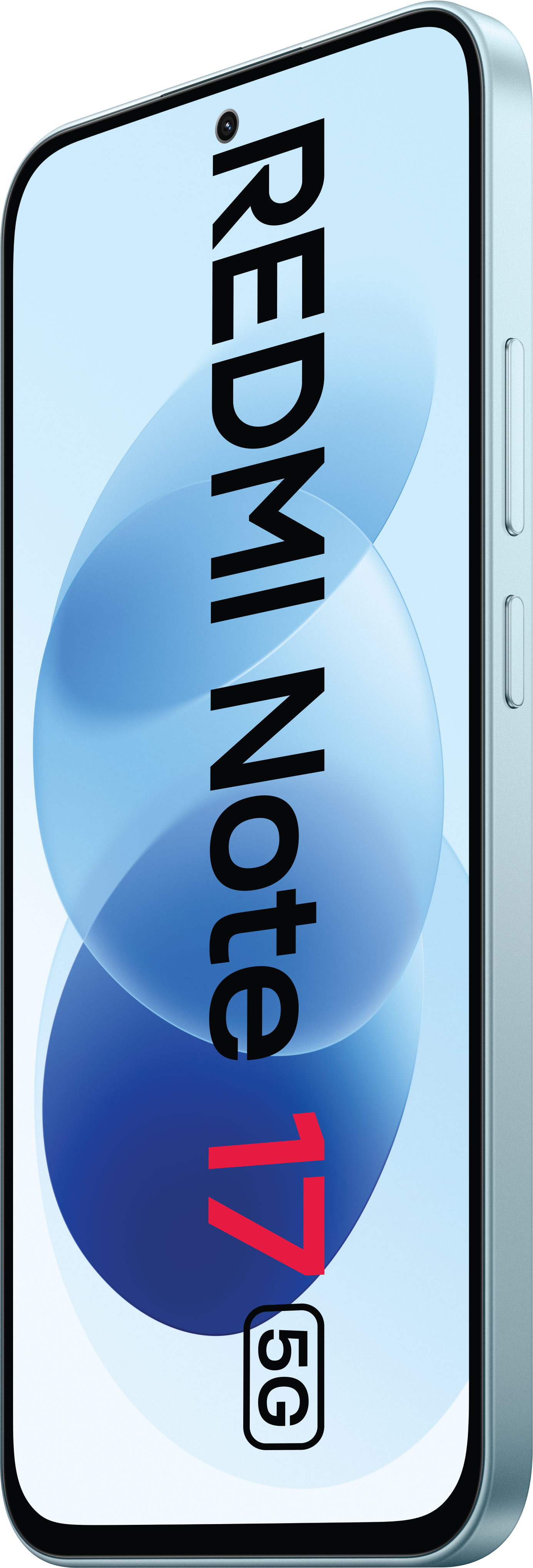 Frontansicht des lightblauen Smartphones Redmi Note 17 5G mit blauer Blasen-Grafik auf dem Display.