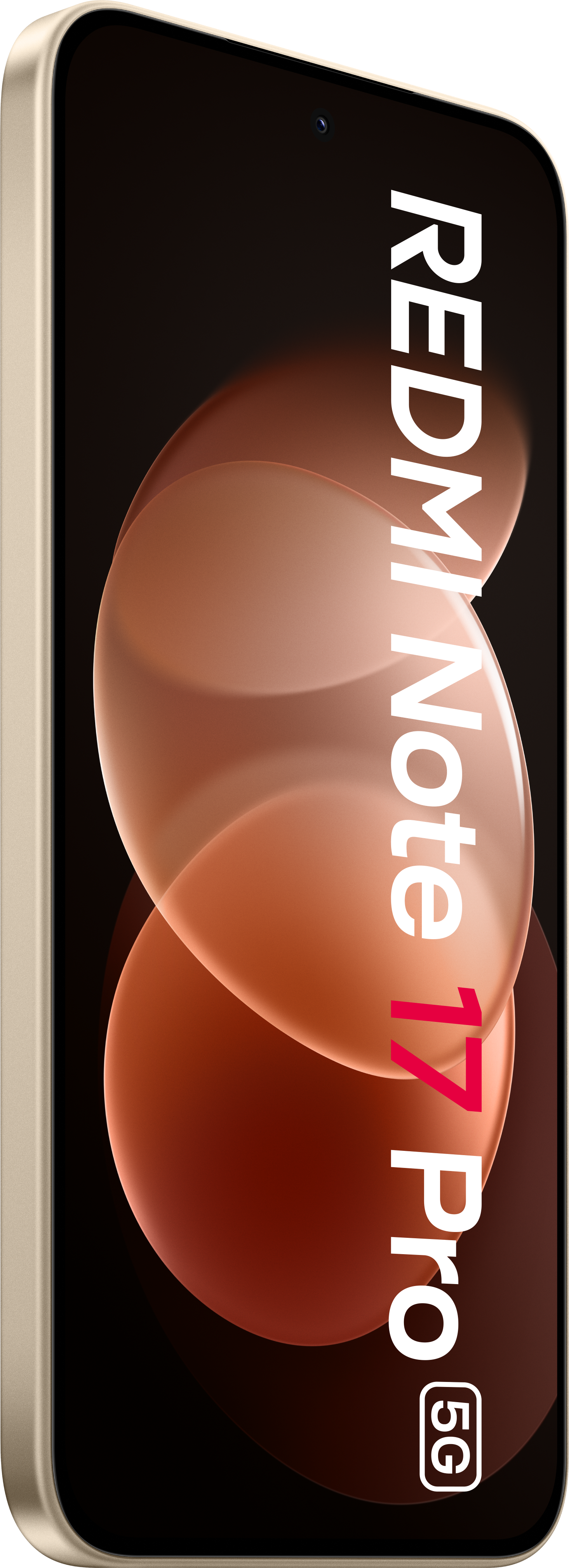 Ein beiges Smartphone zeigt den Text REDMI Note 17 Pro 5G vor einem abstrakten braunen Hintergrund.