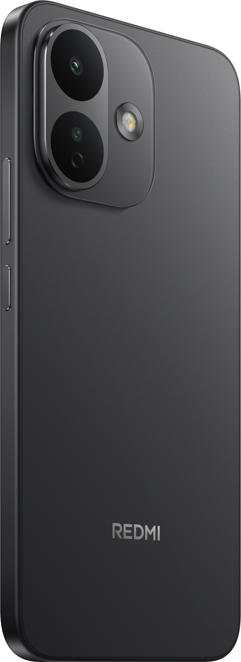 Rückseite eines grauen Redmi-Smartphones mit zwei vertikalen Kameras und dem Redmi-Logo.
