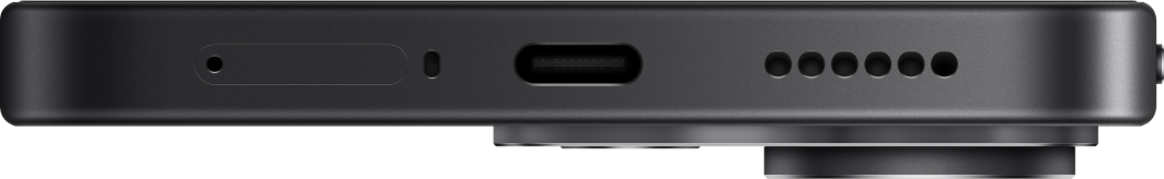 Unterseite eines schwarzen Smartphones mit SIM-Schacht, USB-C-Anschluss und Lautsprecher.