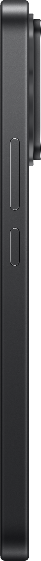 Seitenansicht eines schwarzen Smartphones mit Lautstärketasten und Kameramodul auf dunklem Hintergrund.