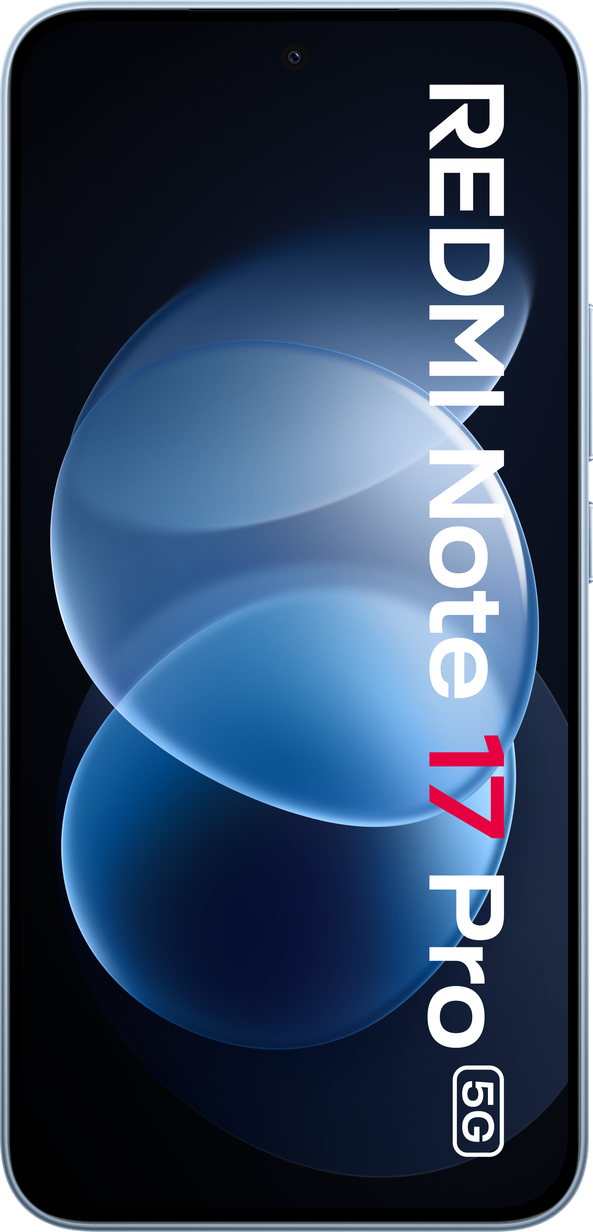 Frontansicht des Redmi Note 17 Pro 5G Smartphones mit blauem abstrakten Hintergrund auf dem Display.