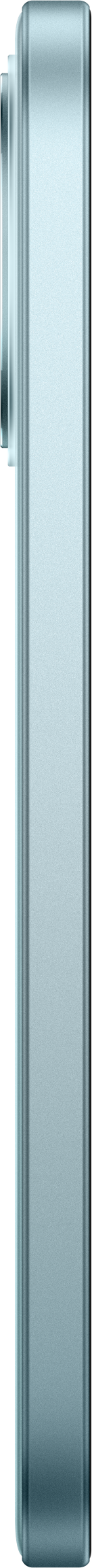 Seitenansicht eines hellblauen Smartphones auf schwarzem Hintergrund.