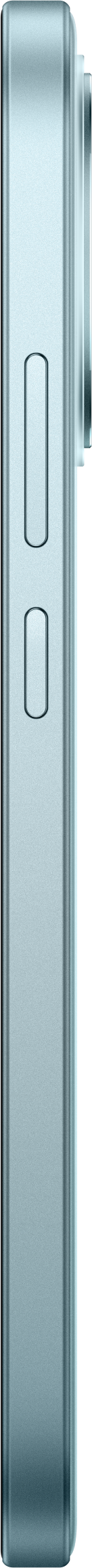 Seitenansicht eines hellblauen Smartphones mit Lautstärketasten und flachem Metallrahmen auf schwarzem Hintergrund.