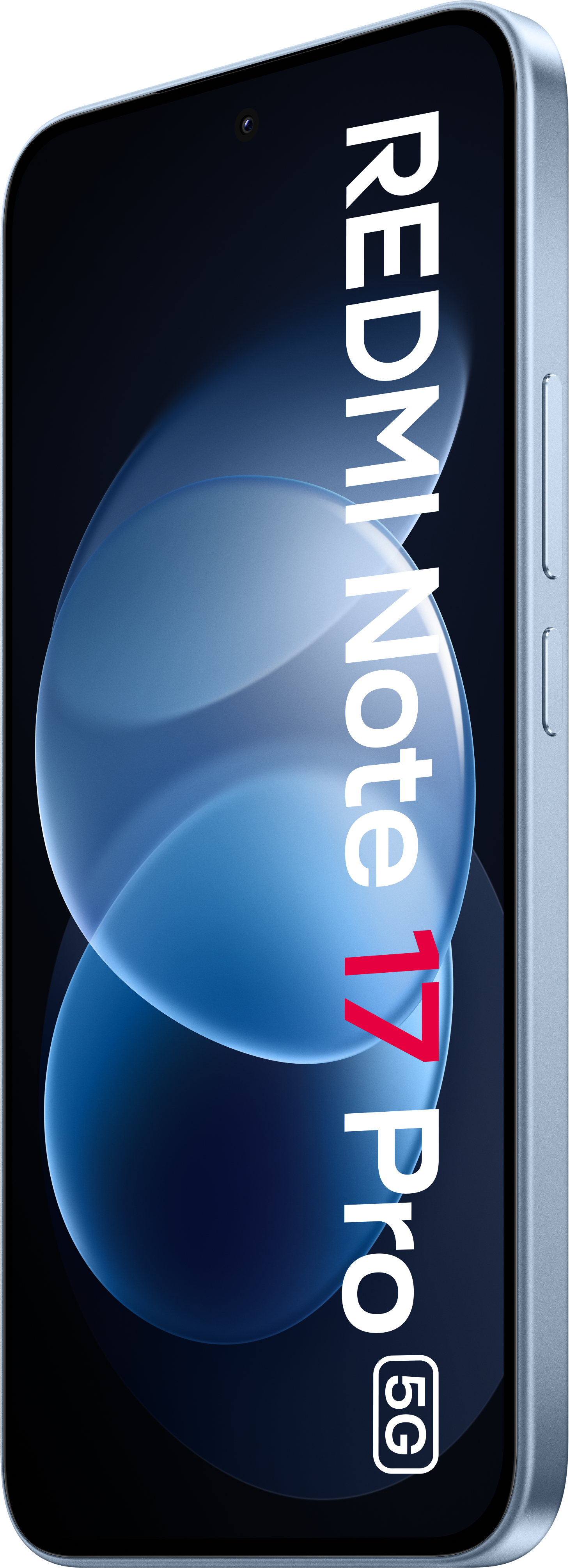Ein hellblaues Smartphone zeigt den Text REDMI Note 17 Pro 5G vor dunkelblauem Hintergrund.