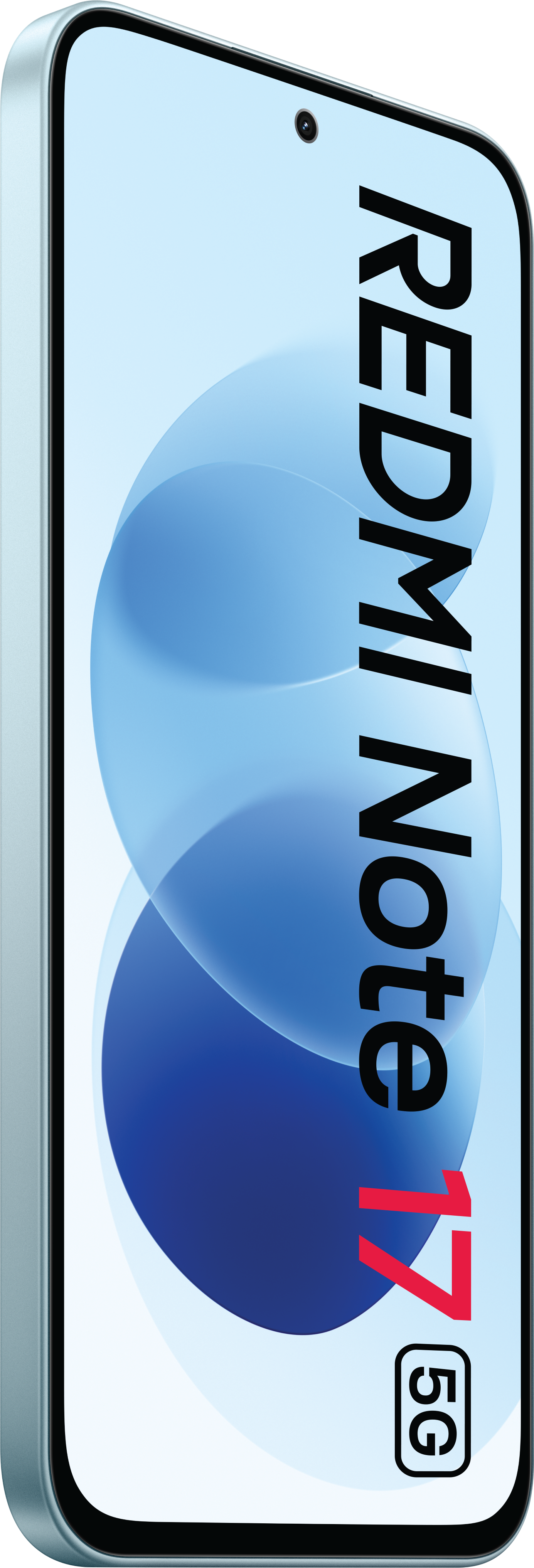 Smartphone mit hellblauem Display und großem vertikalen Text Redmi Note 17 5G.