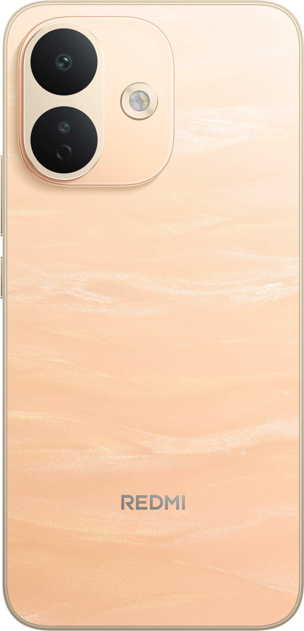 Rückseite eines beigen Redmi-Smartphones mit zwei vertikalen Kameras und dem Redmi-Logo unten.