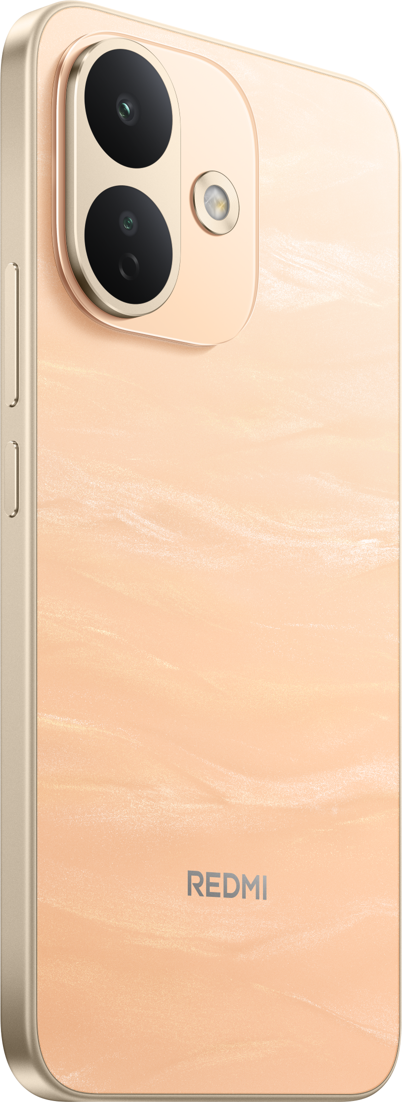 Rückseite eines beigen Redmi-Smartphones mit zwei vertikalen Kameras, Blitz und Redmi-Logo.