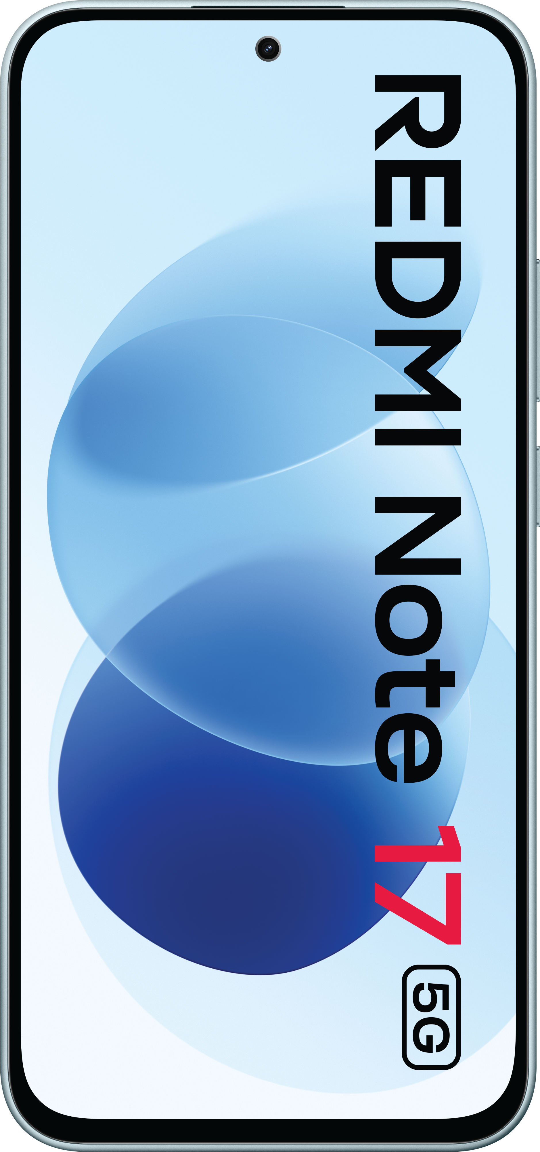Frontansicht eines Smartphones mit der Aufschrift Redmi Note 17 5G auf dem hellblauen Display.