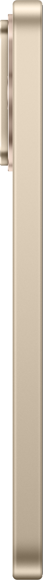 Seitenansicht eines hellgoldenen Smartphones mit flachem Rahmen und leicht erhobenem Kameramodul auf schwarzem Grund.