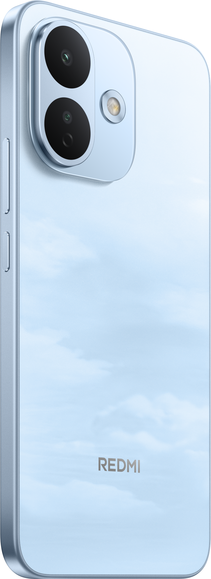 Die Rückseite eines hellblauen Redmi-Smartphones mit zwei vertikalen Kameras.
