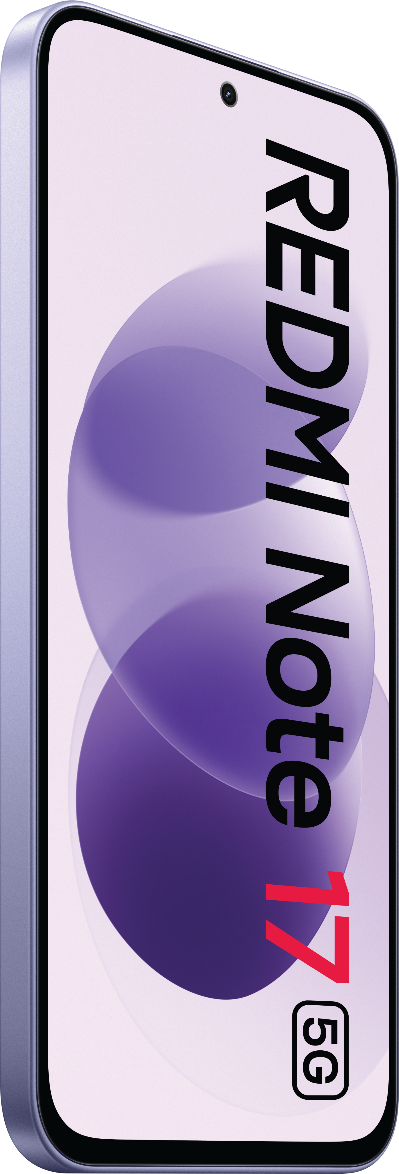 Ein violettes Redmi Note 17 5G Smartphone zeigt einen abstrakten violetten Hintergrund auf dem Bildschirm.