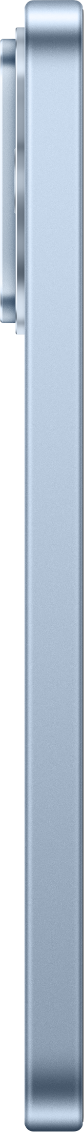 Seitenansicht eines schlanken, hellblauen Smartphones mit abgerundeten Ecken auf schwarzem Hintergrund.