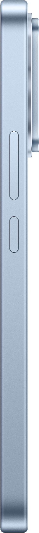 Seitenprofil eines hellblauen Smartphones mit Lautstärke- und Aktionsknöpfen vor schwarzem Hintergrund.