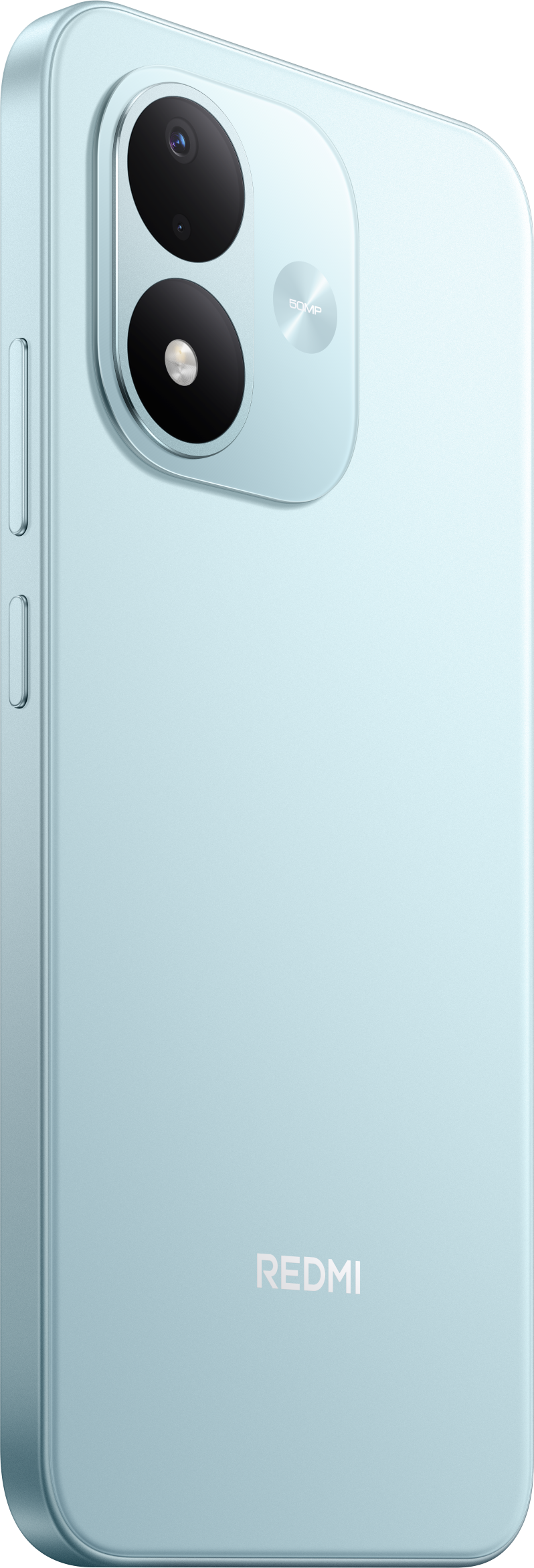 Rückseite eines hellblauen Redmi-Smartphones mit zwei vertikalen Kameralinsen und dem Redmi-Logo.