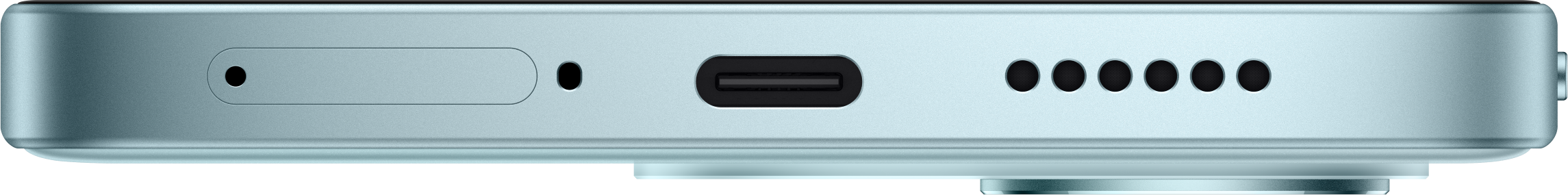 Unterkante eines hellblauen Smartphones mit USB-C-Anschluss, Lautsprecher, Mikrofon und SIM-Schacht.