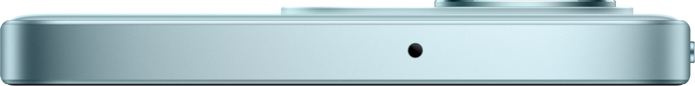 Seitenansicht eines hellblauen Smartphones mit einer kleinen schwarzen Mikrofonöffnung auf schwarzem Hintergrund.