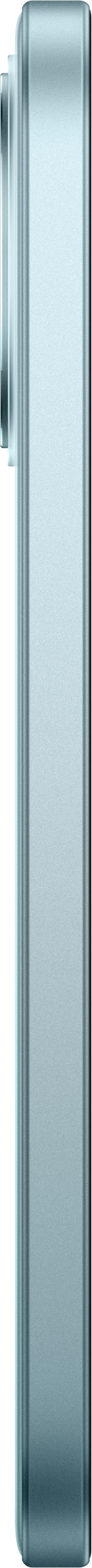 Ein vertikales Seitenprofil eines hellblauen Smartphones mit abgerundeten Kanten vor schwarzem Hintergrund.