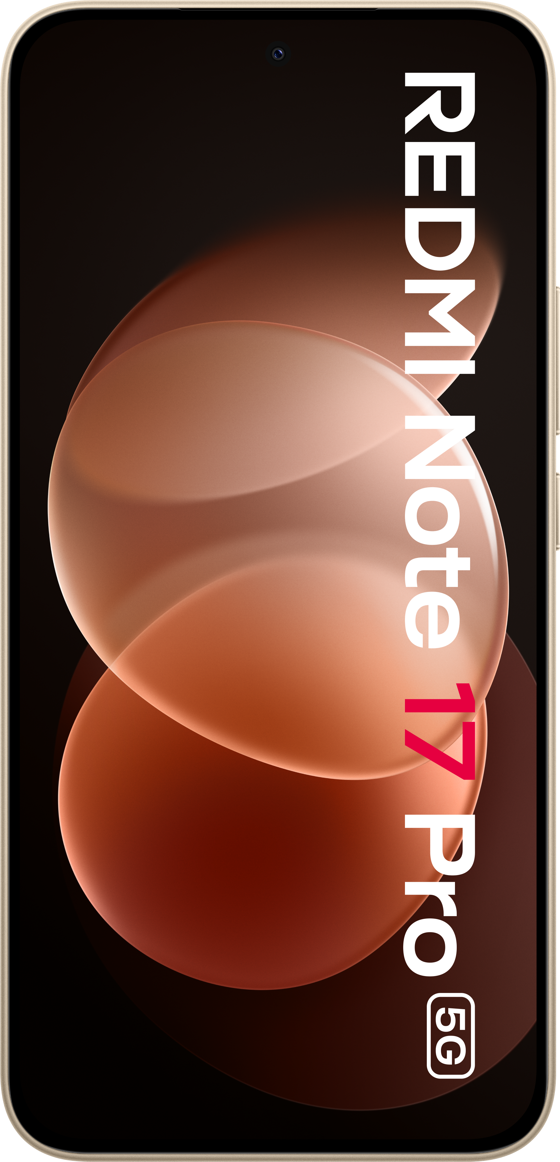 Smartphone-Display zeigt das Redmi Note 17 Pro 5G Logo über zwei orangefarbenen Kreisen auf schwarzem Hintergrund.