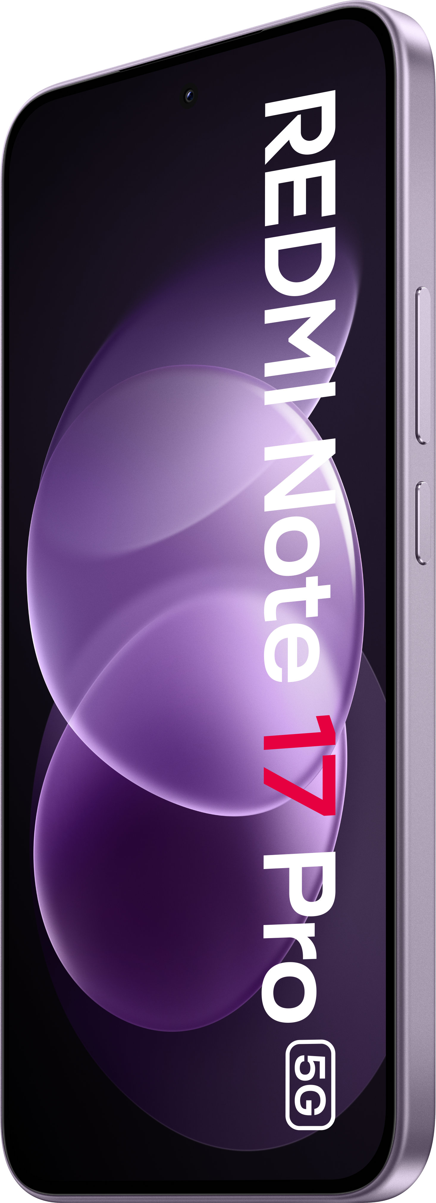 Ein lilafarbenes Redmi Note 17 Pro 5G Smartphone mit lila-schwarzem Hintergrund.
