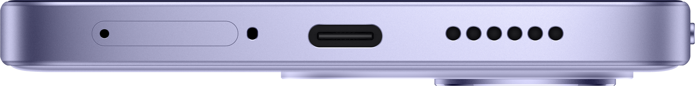 Unterseite eines lila Smartphones mit SIM-Kartenfach, USB-C-Anschluss und Lautsprecheröffnungen.