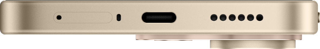 Goldfarbene Unterseite eines Smartphones mit SIM-Schacht, USB-C-Anschluss und Lautsprecher.