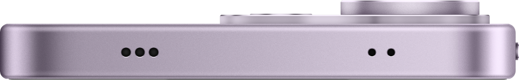Seitenansicht eines lilafarbenen Smartphones mit Mikrofon- und Lautsprecheröffnungen auf schwarzem Hintergrund.