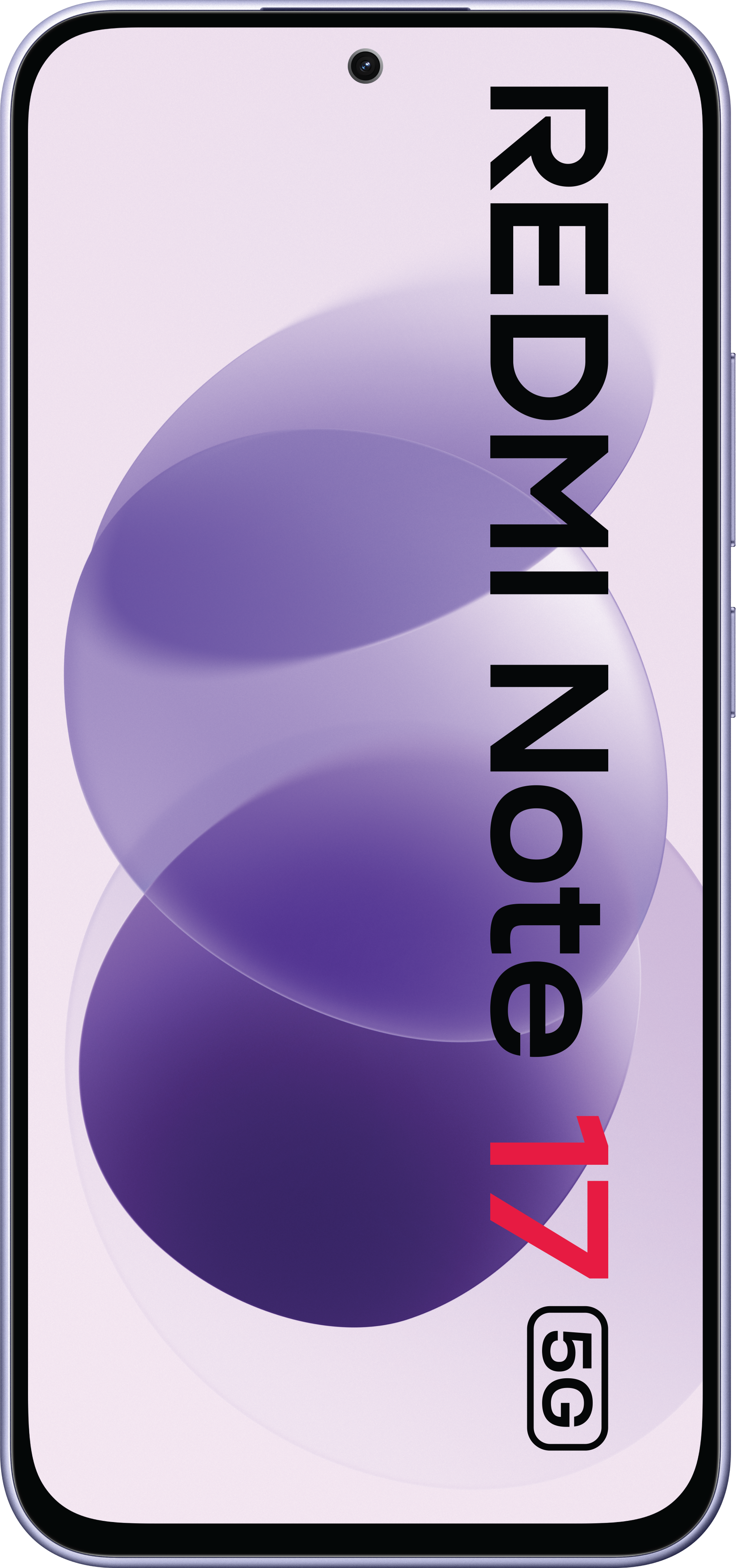 Frontansicht des Redmi Note 17 5G Smartphones mit lila Hintergrund und dem Text REDMI Note 17 5G.