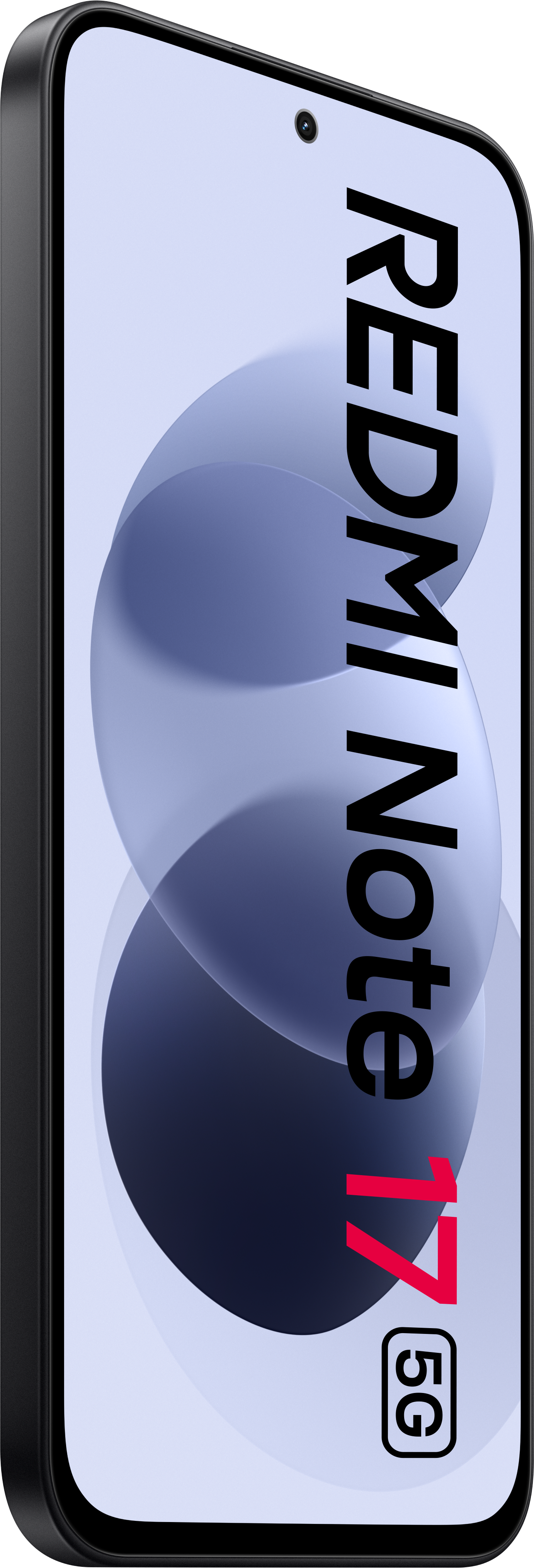 Ein schwarzes Smartphone mit dem Displaytext Redmi Note 17 5G auf einem hellblauen Hintergrund.