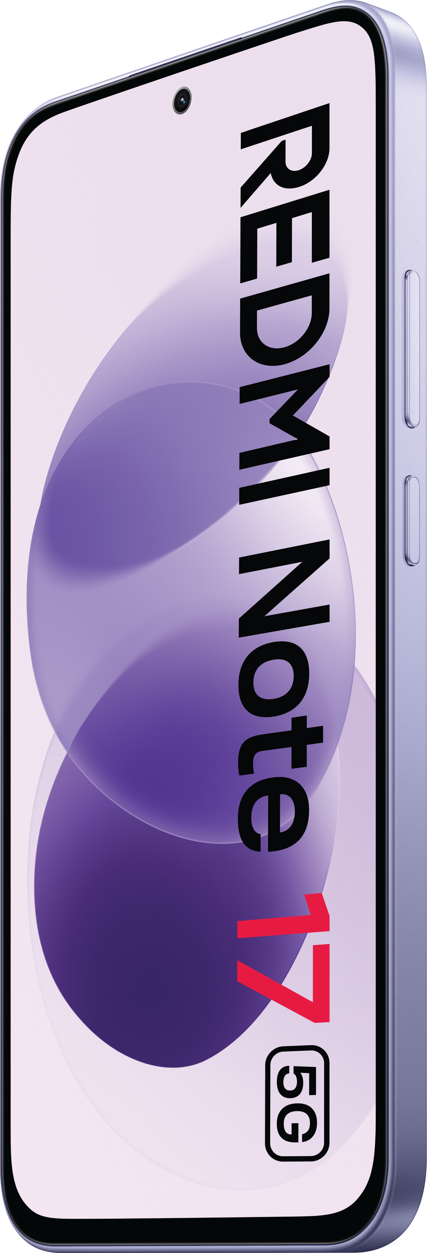 Ein lila Redmi Note 17 5G Smartphone zeigt den Markennamen und abstrakte lila Kreise auf dem Bildschirm.
