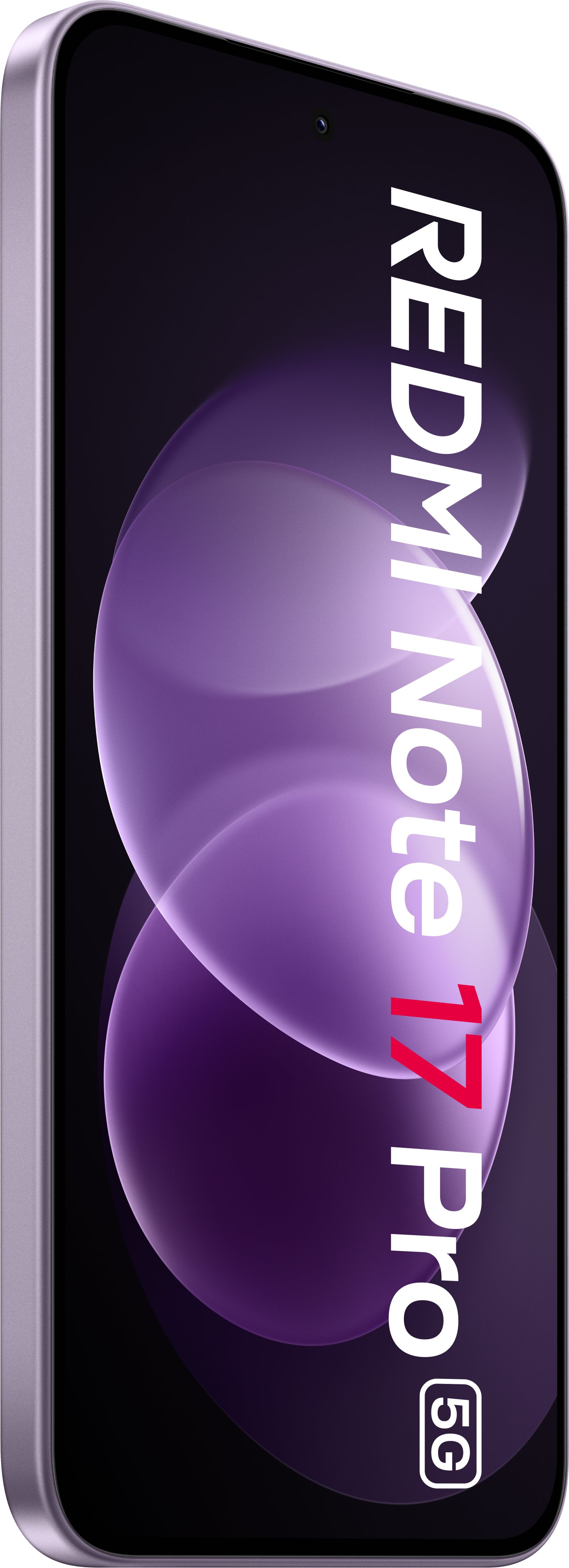Ein lilafarbenes Redmi Note 17 Pro 5G Smartphone mit lila-schwarzem Hintergrund auf dem Bildschirm.