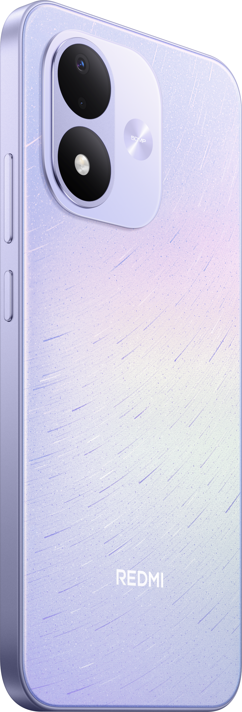 Rückseite eines violetten Redmi-Smartphones mit zwei Kameraobjektiven und Sternenmuster.