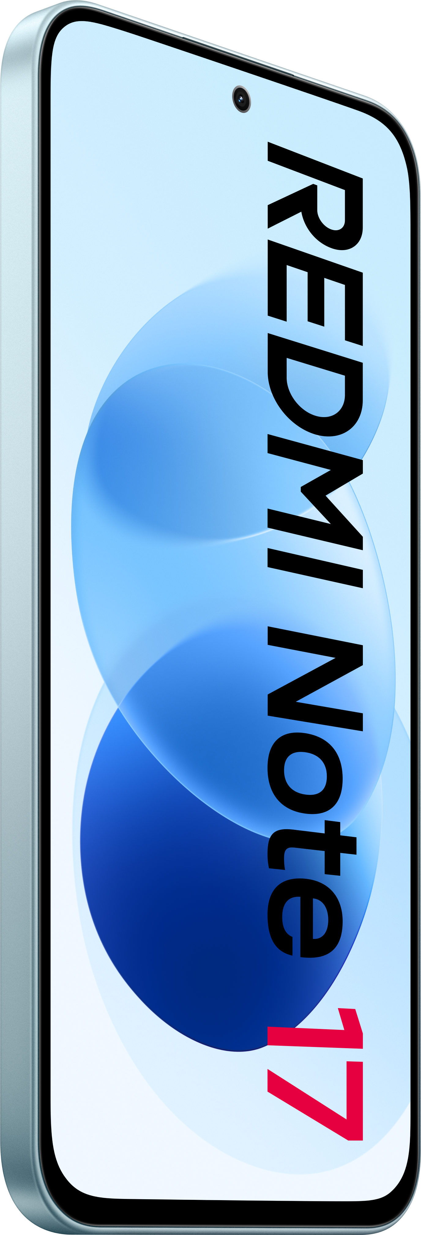 Ein Smartphone mit hellblauem Display und schwarzem Text Redmi Note 17 vor dunklem Hintergrund.