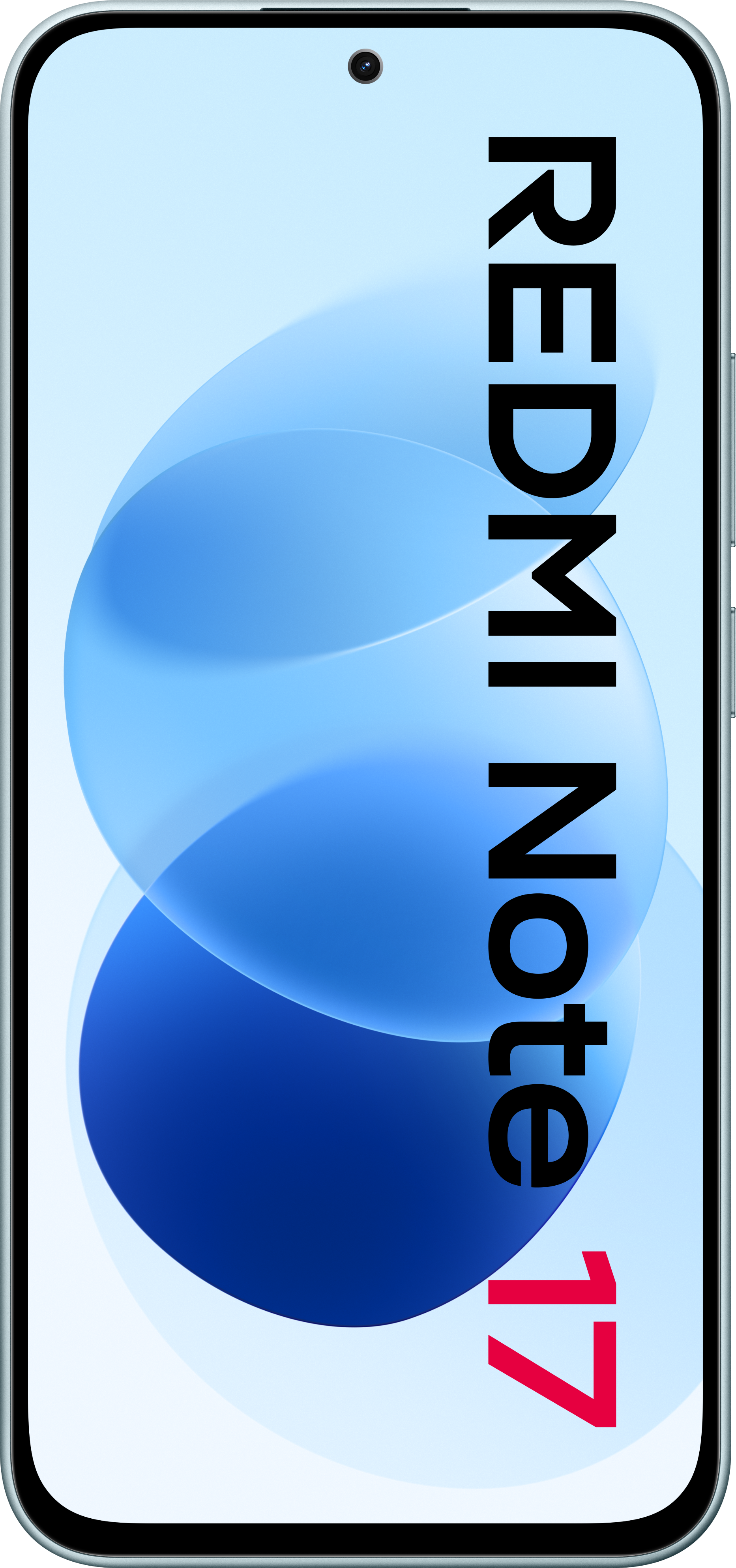 Frontansicht eines Smartphones mit blauem Hintergrund und rotem und schwarzem Text Redmi Note 17.