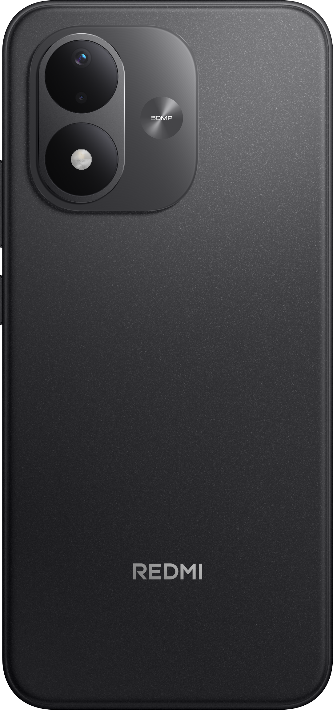 Rückseite eines dunkelgrauen Redmi-Smartphones mit Dual-Kamera und Redmi-Logo.
