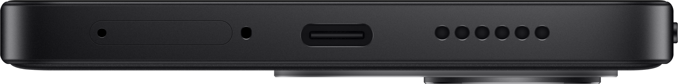 Unterseite eines schwarzen Smartphones mit SIM-Kartenfach, USB-C-Anschluss und Lautsprecheröffnungen.